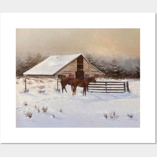 Horse by The Snow Barn Vintage Oil on Canvas Posters and Art